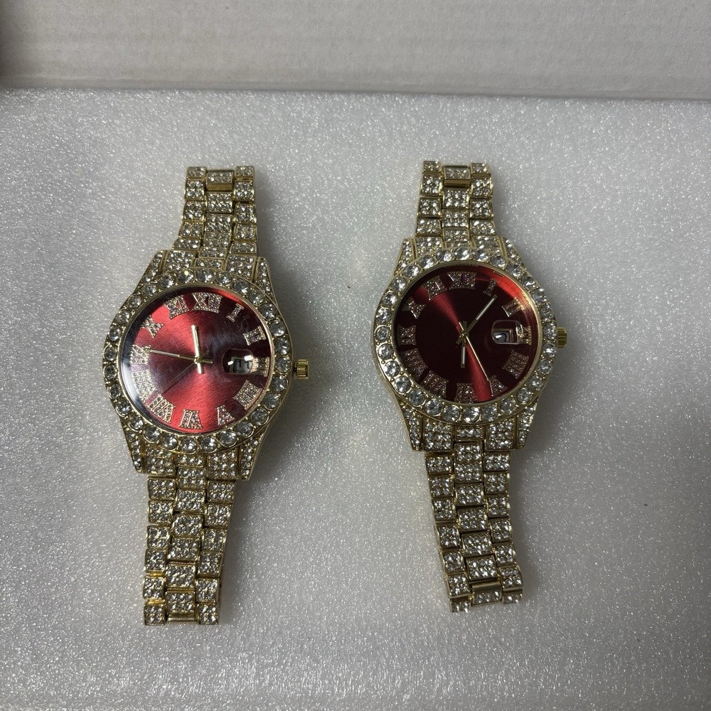 Set Of 2 Gold Sparkly Watches Red‎ Dial Date Time Lightweight Unbranded